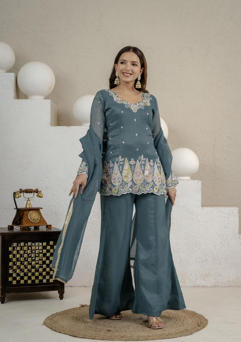 Morpeach Sequin Work Silk Palazzo Set - Indya