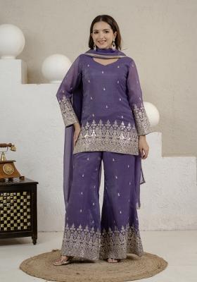 Lavender Sequin Work Silk Palazzo Set