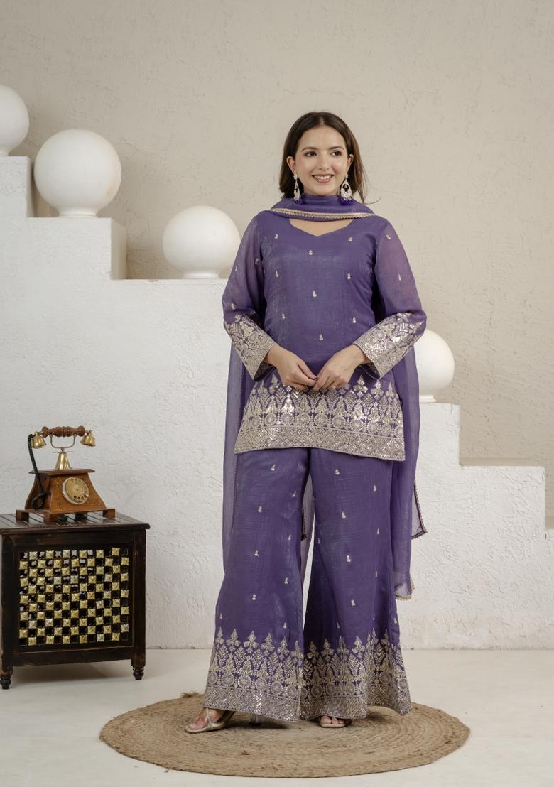 Lavender Sequin Work Silk Palazzo Set - Indya