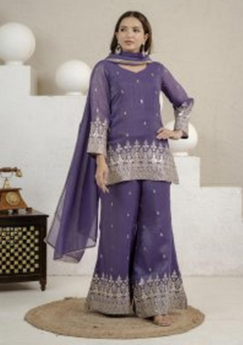 Lavender Sequin Work Silk Palazzo Set - Indya