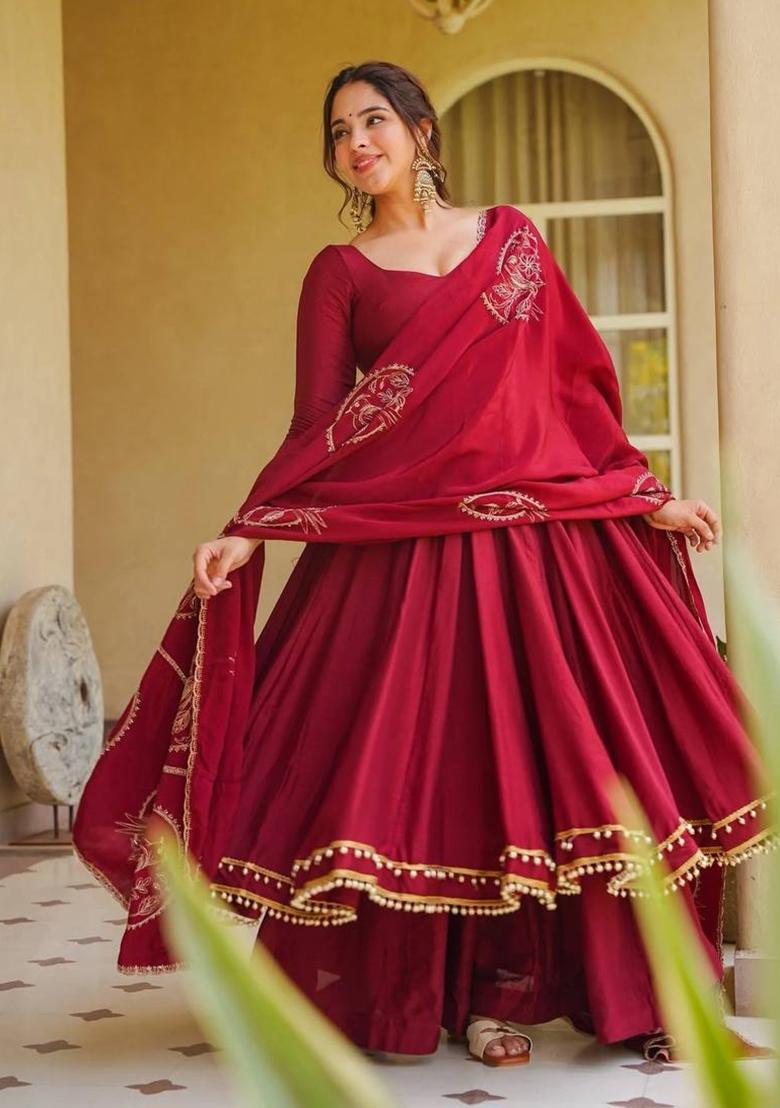 Maroon Embroidered Silk Palazzo Set - Indya
