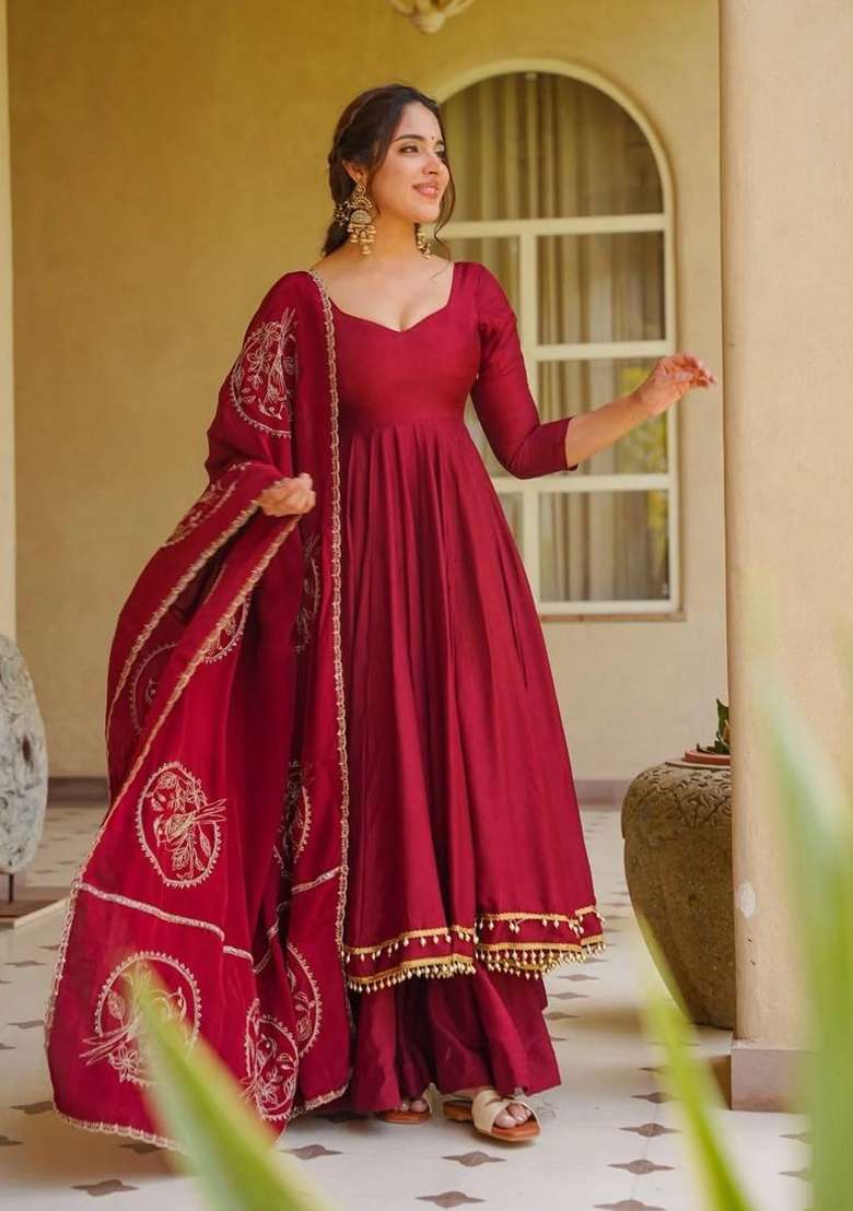 Maroon Embroidered Silk Palazzo Set - Indya