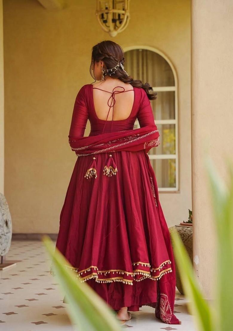 Maroon Embroidered Silk Palazzo Set - Indya