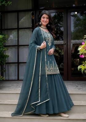 Ocean Blue And Green Sequin Work Roman Coton Sharara Set