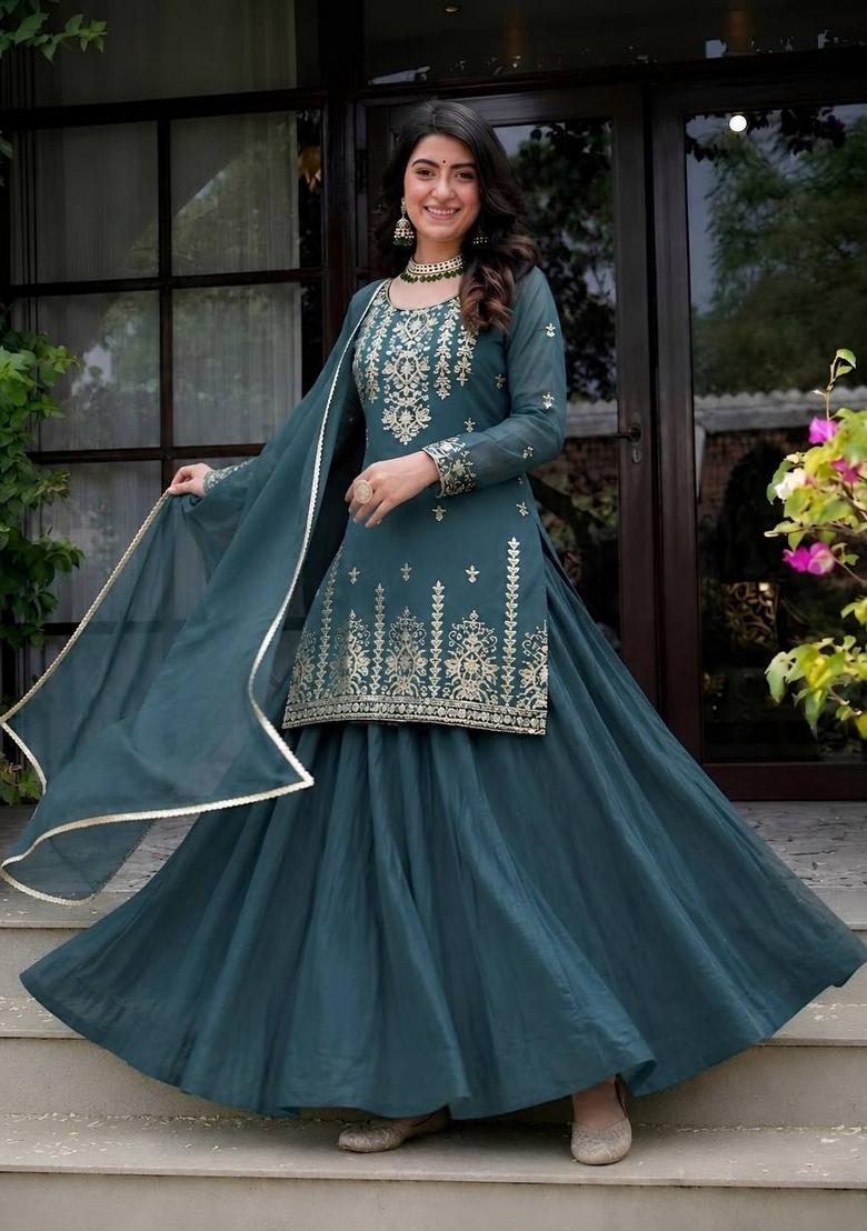 Ocean Blue And Green Sequin Work Roman Coton Sharara Set - Indya