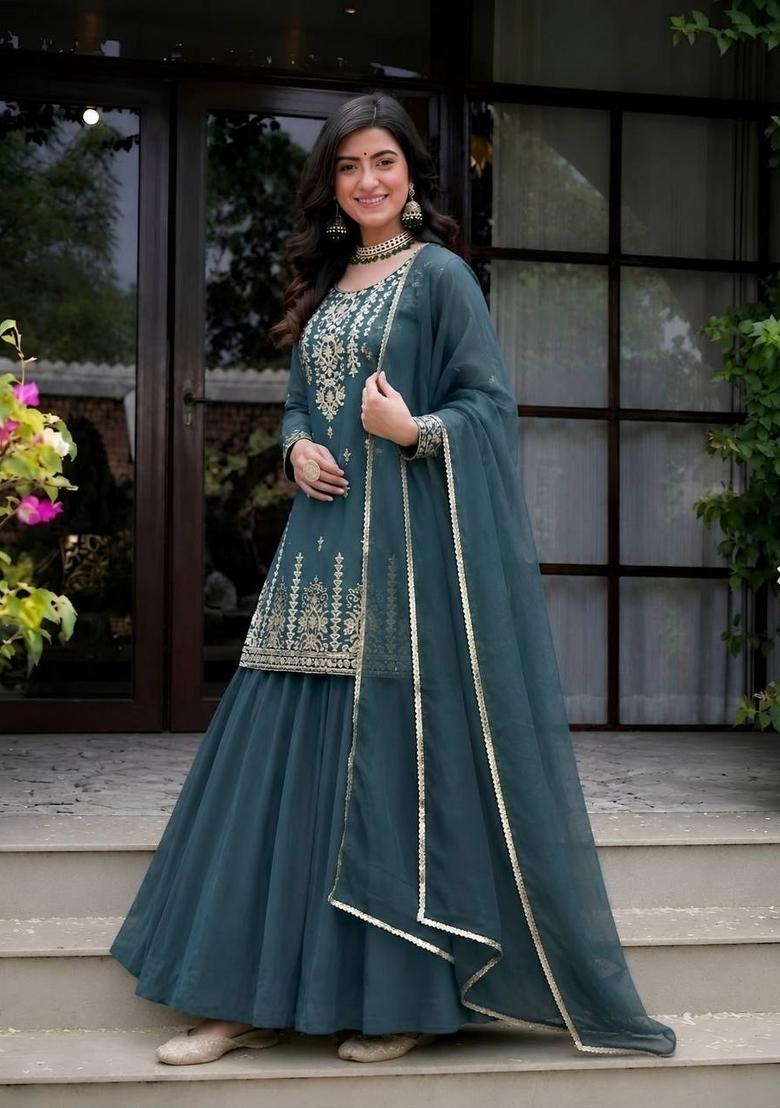 Ocean Blue And Green Sequin Work Roman Coton Sharara Set - Indya