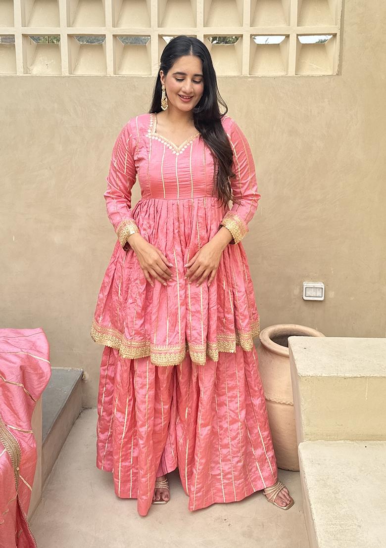 Blush Pink Sequin Work Silk Palazzo Set - Indya
