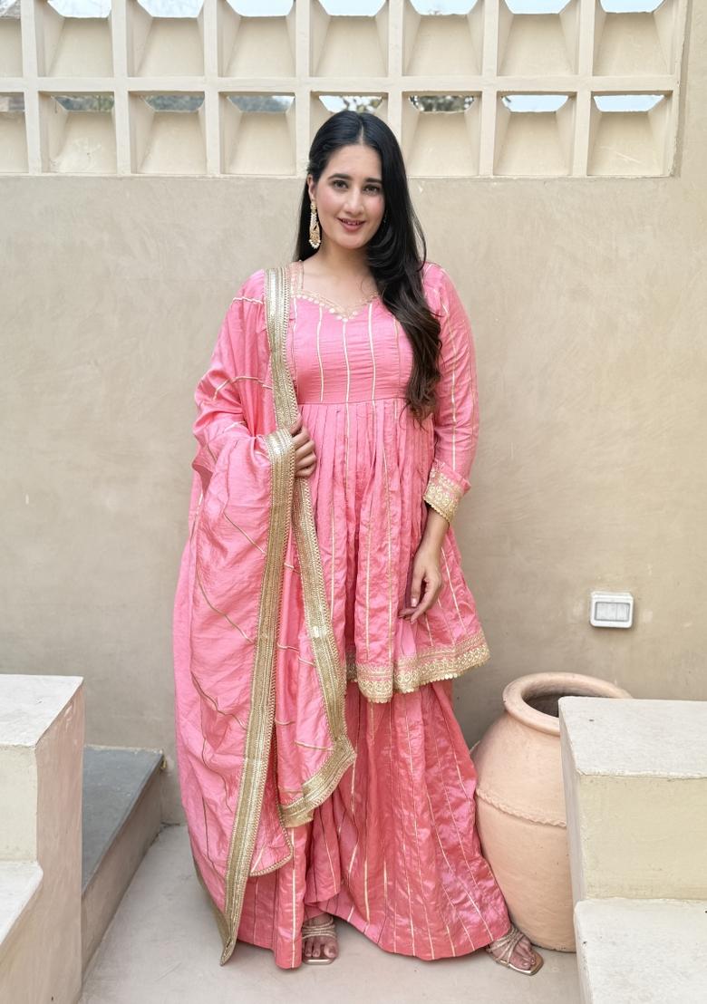 Blush Pink Sequin Work Silk Palazzo Set - Indya