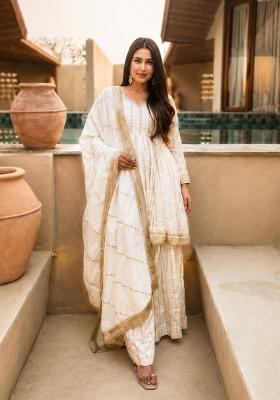 Off White Sequin Work Silk Palazzo Set