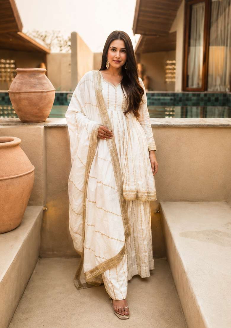 Off White Sequin Work Silk Palazzo Set - Indya