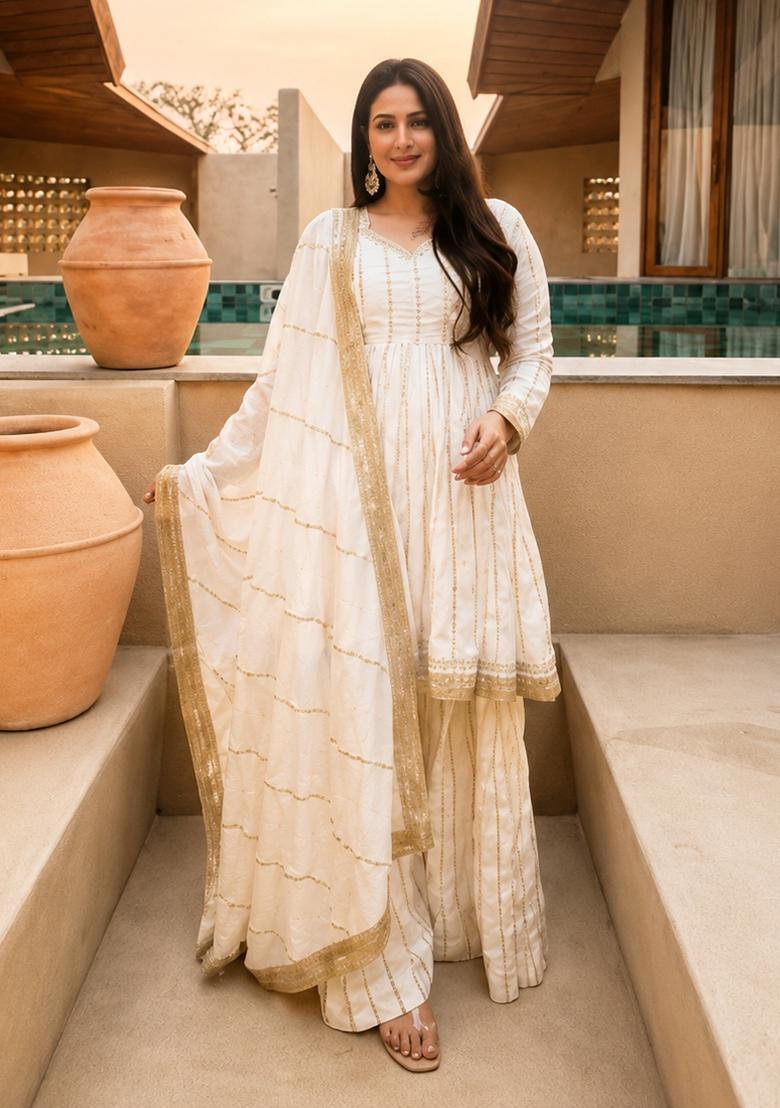 Off White Sequin Work Silk Palazzo Set - Indya