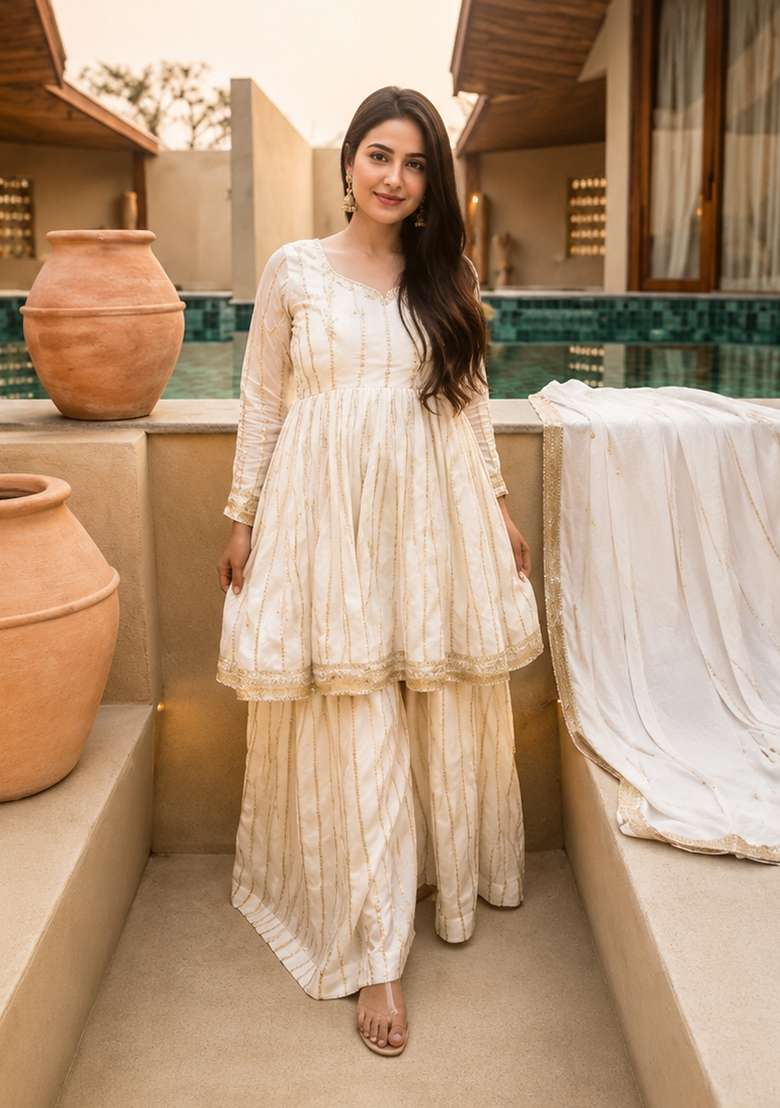 Off White Sequin Work Silk Palazzo Set - Indya