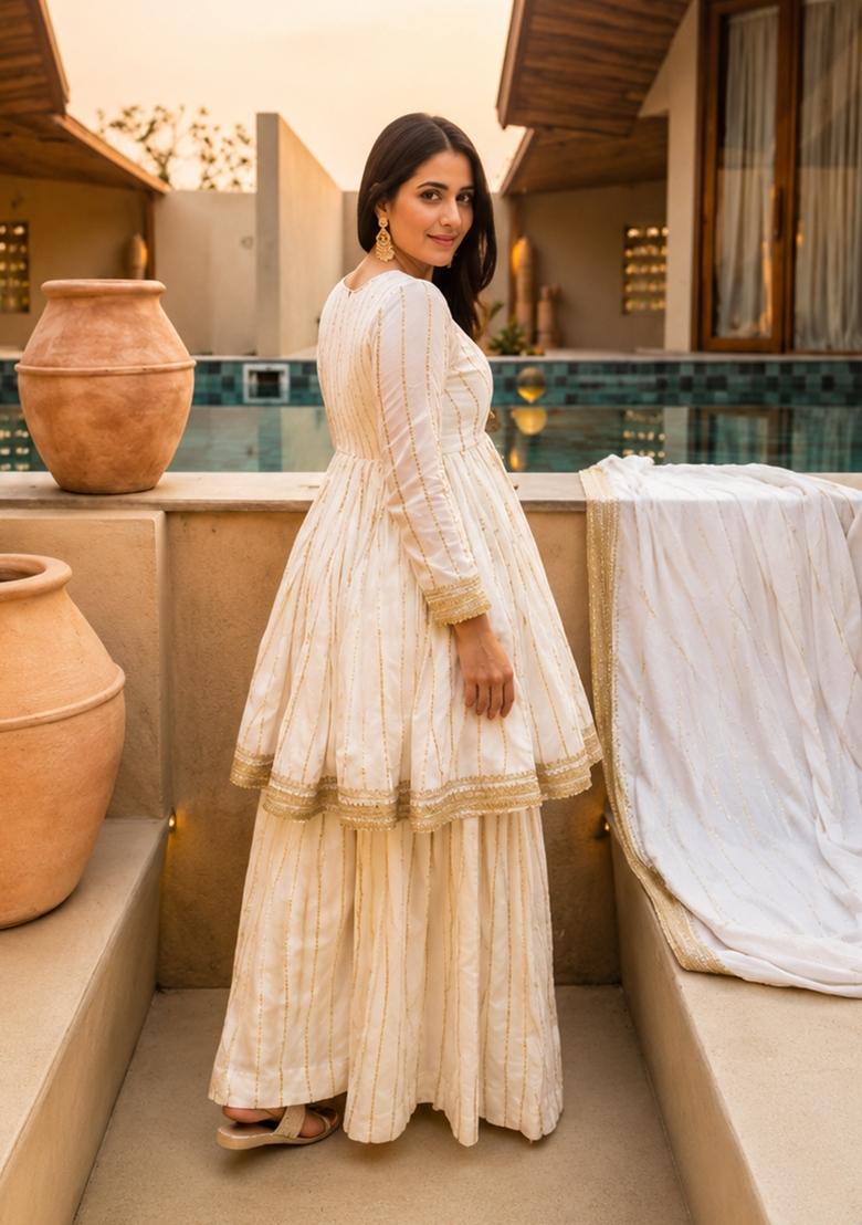 Off White Sequin Work Silk Palazzo Set - Indya