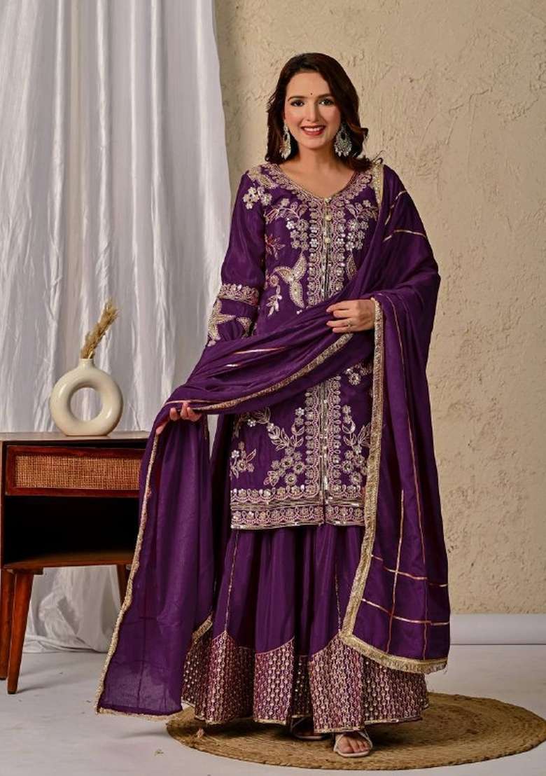 Wine Sequin Work Silk Palazzo Set - Indya