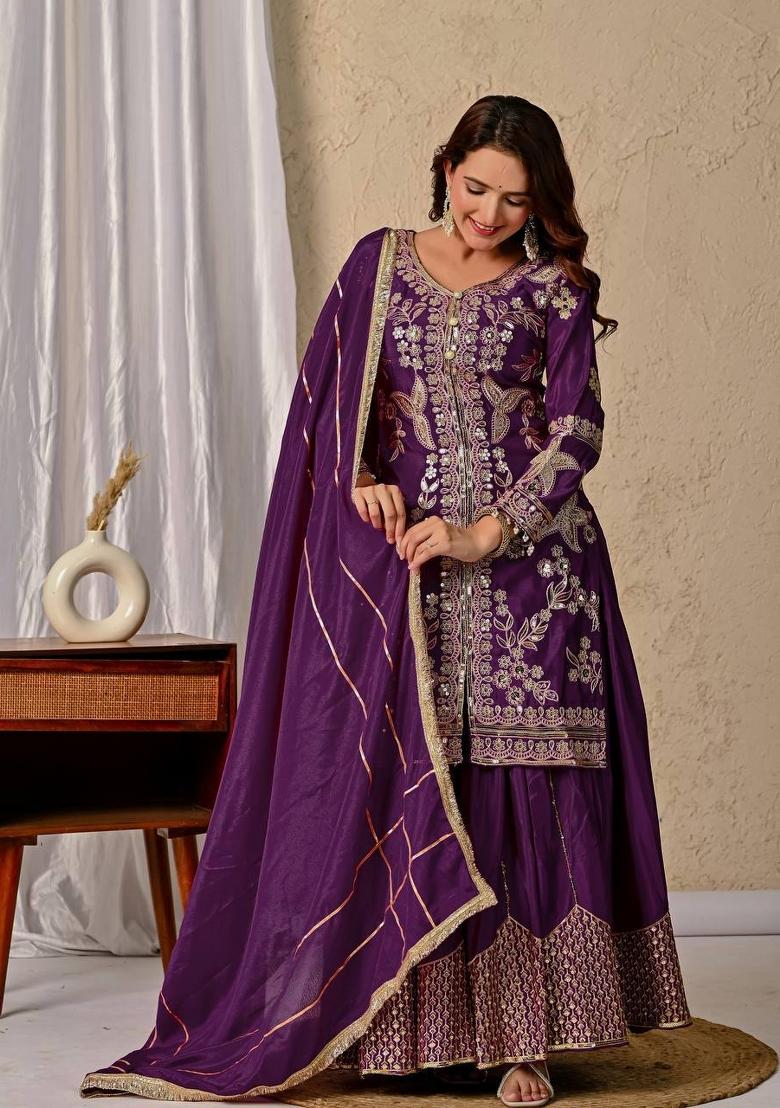 Wine Sequin Work Silk Palazzo Set - Indya