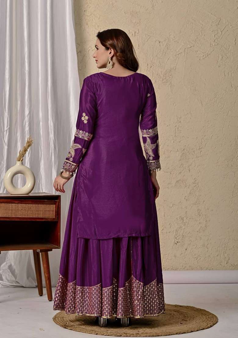 Wine Sequin Work Silk Palazzo Set - Indya