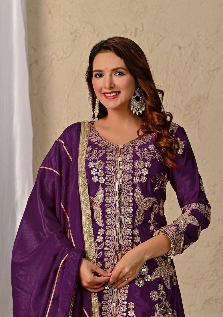Wine Sequin Work Silk Palazzo Set - Indya