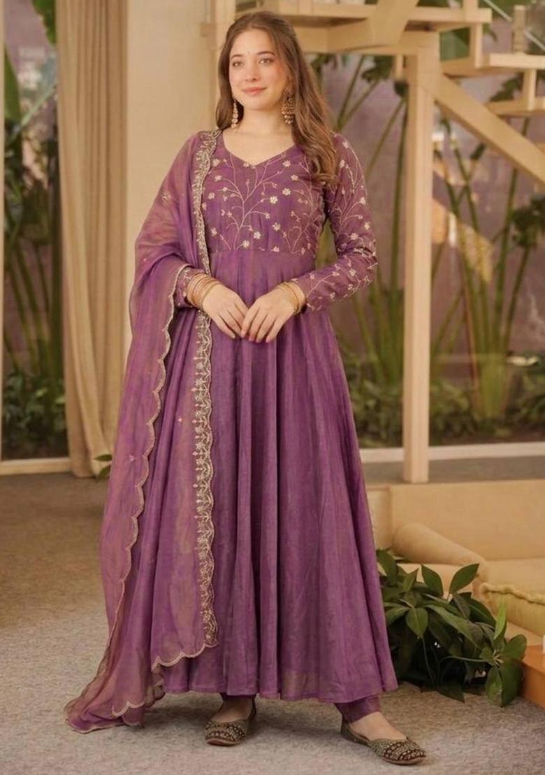 Lavender Sequin Work Silk Palazzo Set - Indya