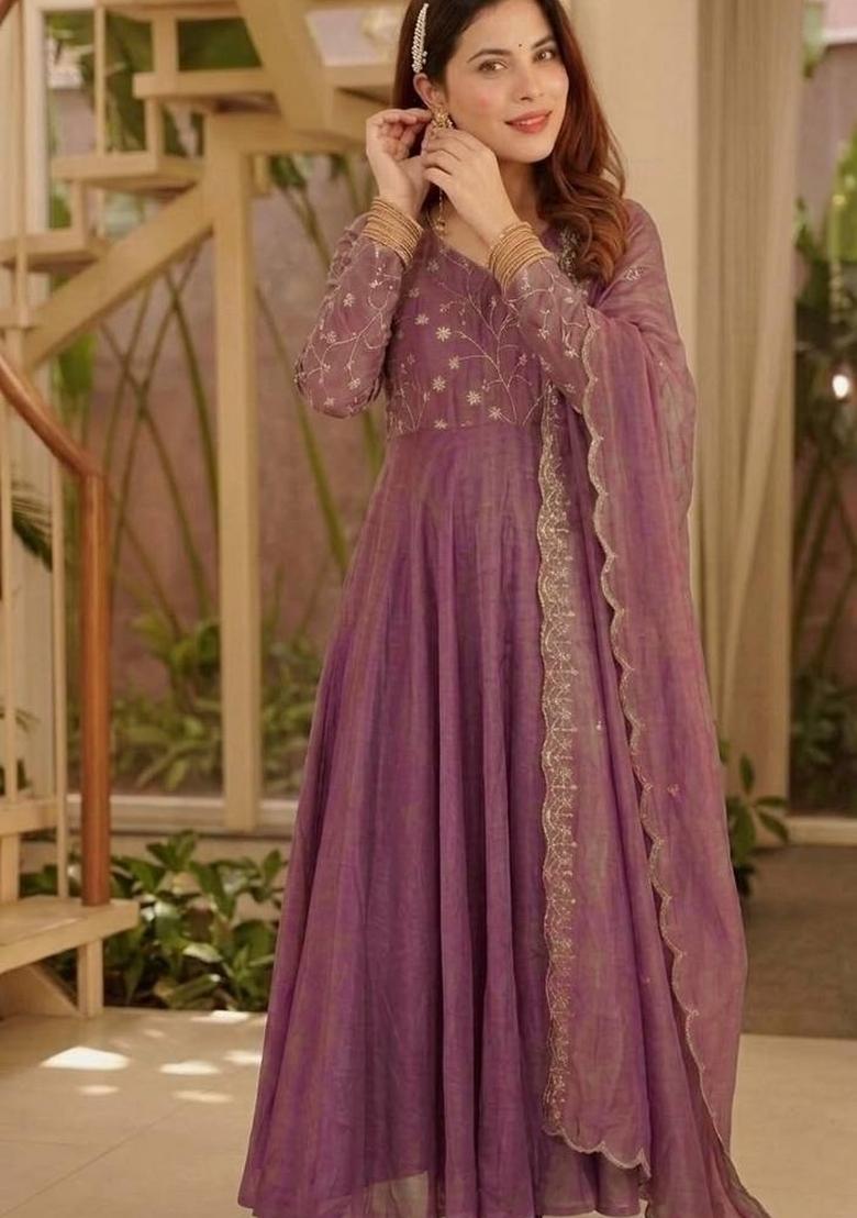 Lavender Sequin Work Silk Palazzo Set - Indya