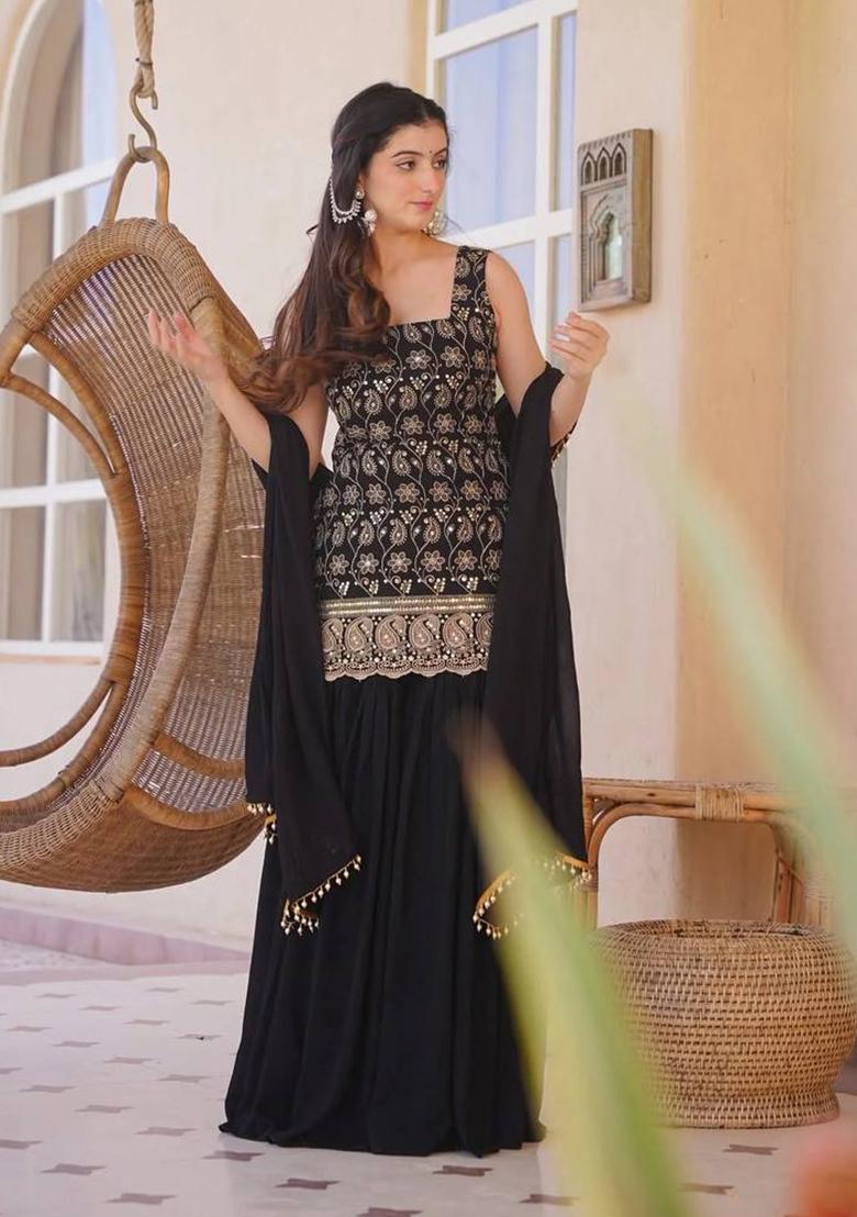 Black Sequin Work Georgette Palazzo Set - Indya