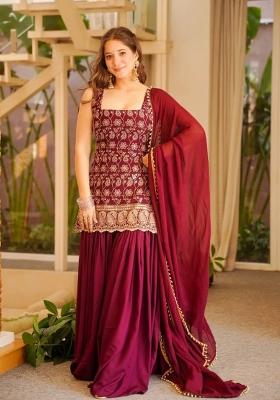 Deep Maroon Sequin Work Georgette Palazzo Set