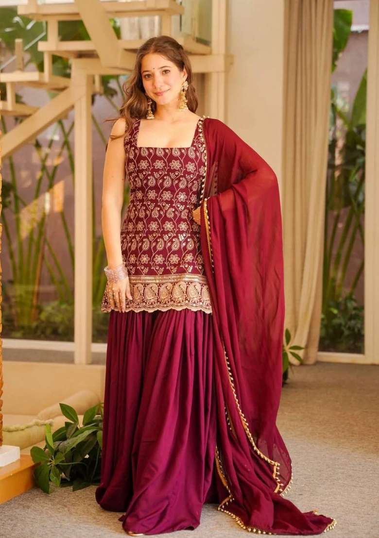 Deep Maroon Sequin Work Georgette Palazzo Set - Indya