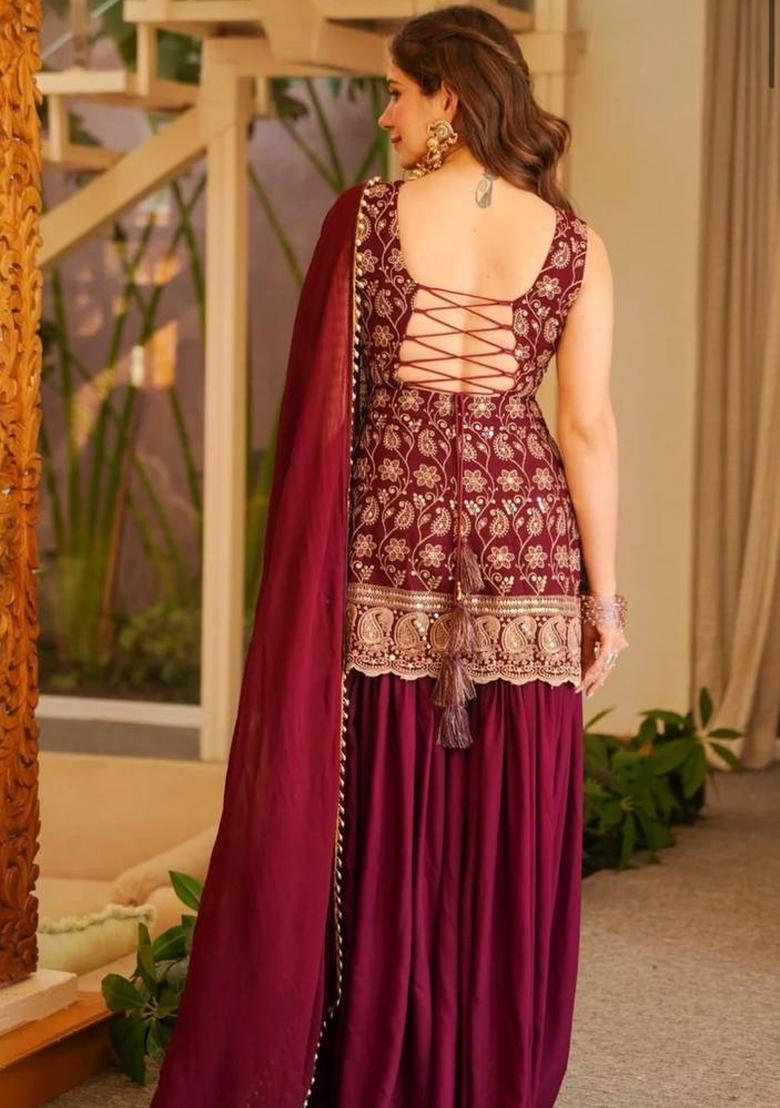Deep Maroon Sequin Work Georgette Palazzo Set - Indya