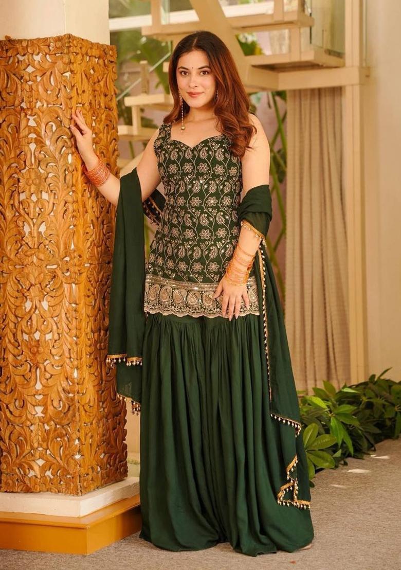 Green Sequin Work Georgette Palazzo Set - Indya