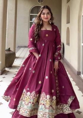 Wine Embroidered Crepe Palazzo Set