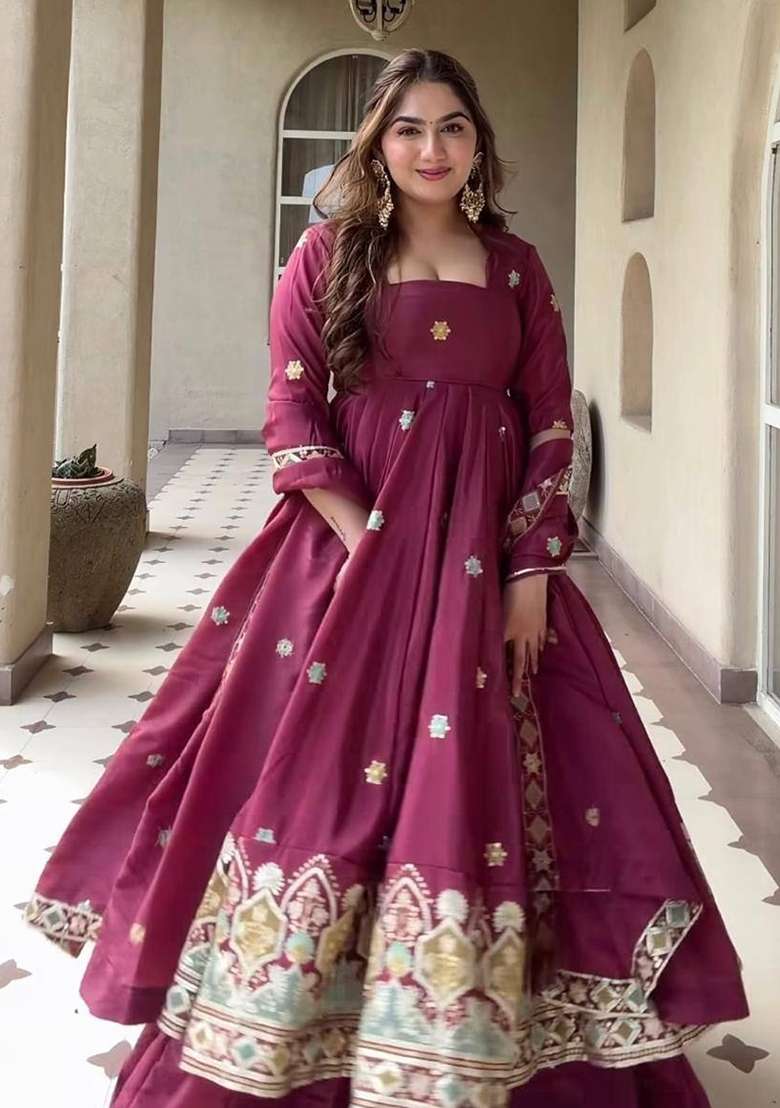 Wine Embroidered Crepe Palazzo Set - Indya