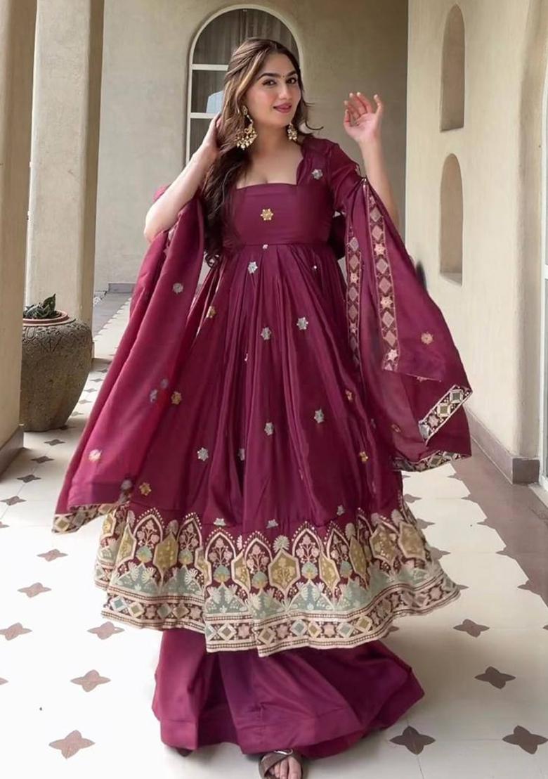 Wine Embroidered Crepe Palazzo Set - Indya