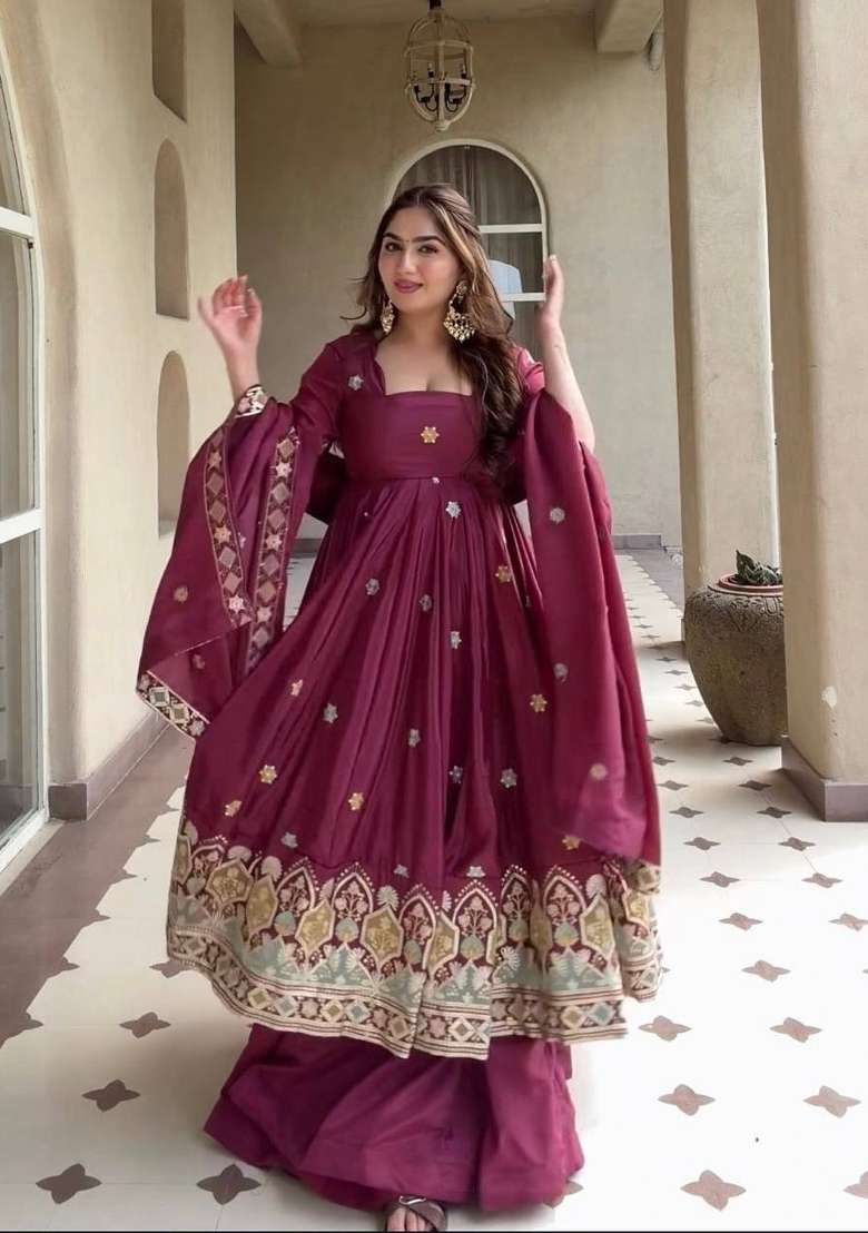 Wine Embroidered Crepe Palazzo Set - Indya