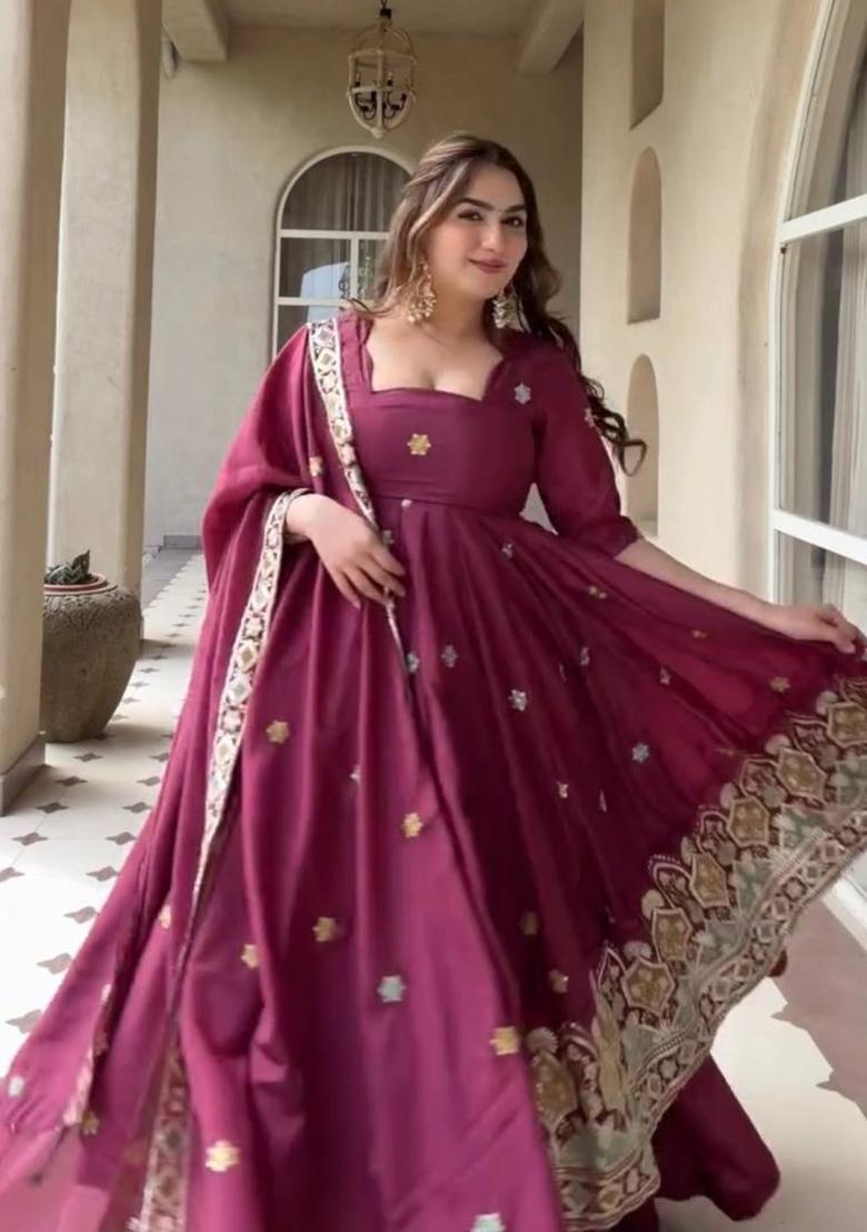 Wine Embroidered Crepe Palazzo Set - Indya