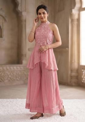 Soft Onion Pink Embroidered Silk Palazzo Set