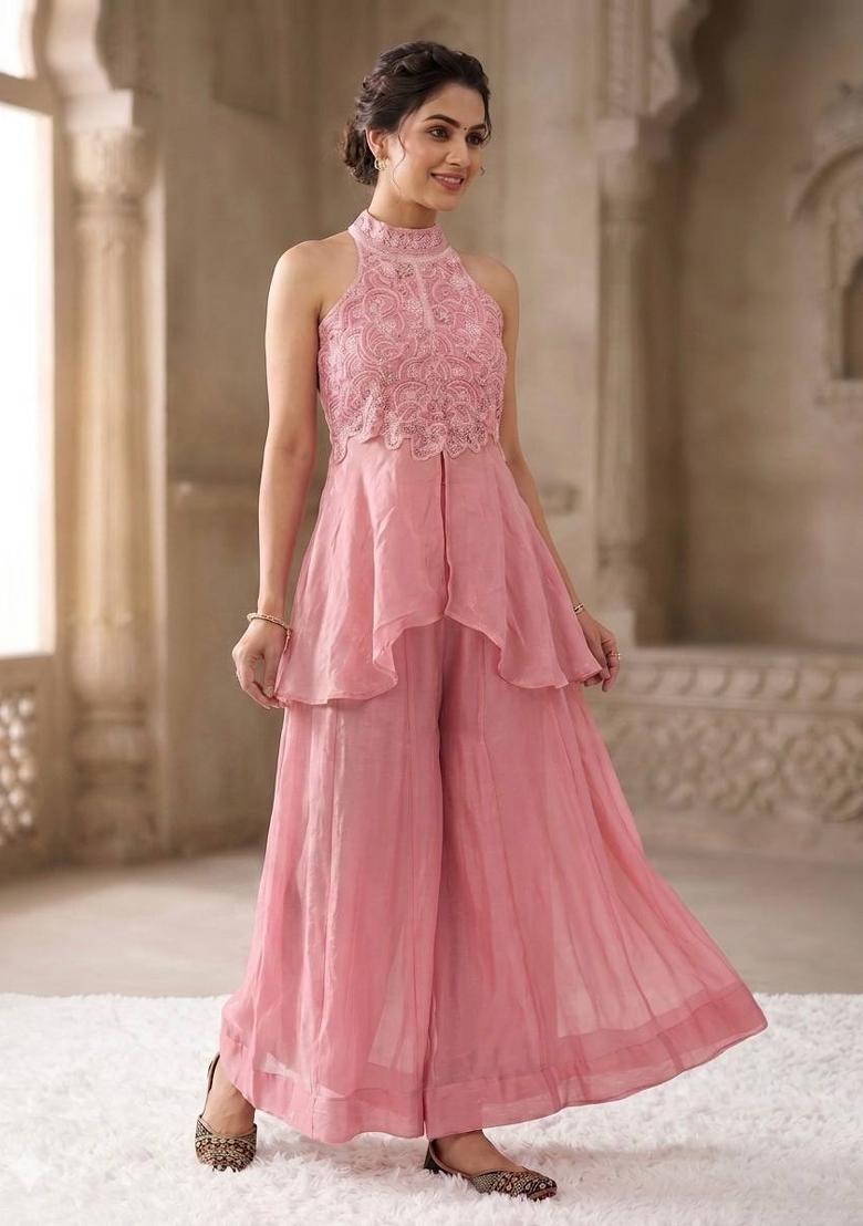 Soft Onion Pink Embroidered Silk Palazzo Set - Indya