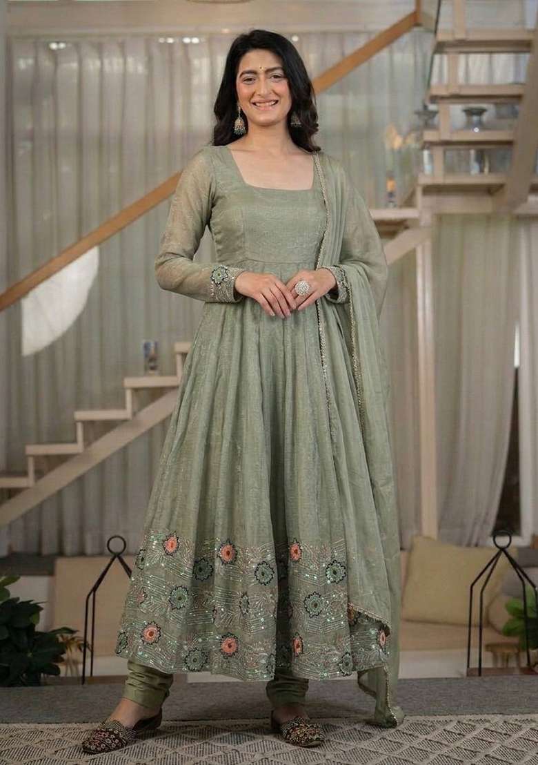 Olive Green Sequin Work Silk Palazzo Set - Indya