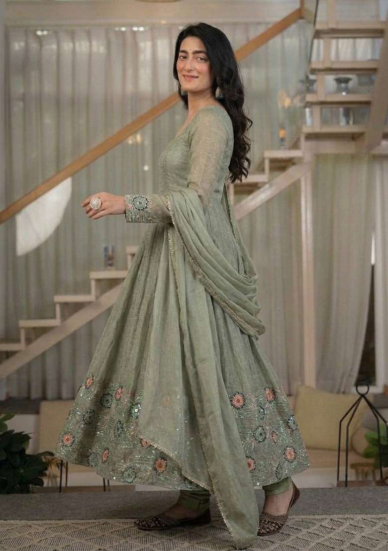 Olive Green Sequin Work Silk Palazzo Set - Indya
