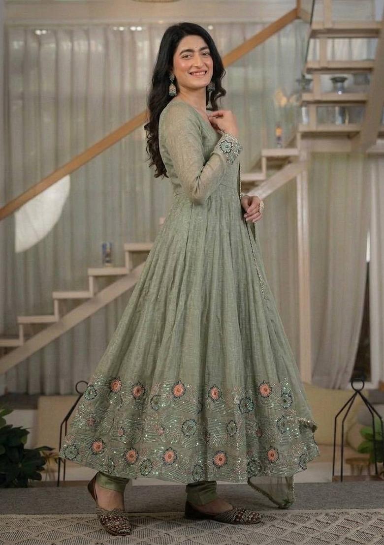Olive Green Sequin Work Silk Palazzo Set - Indya