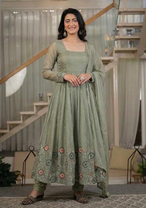 Olive Green Sequin Work Silk Palazzo Set