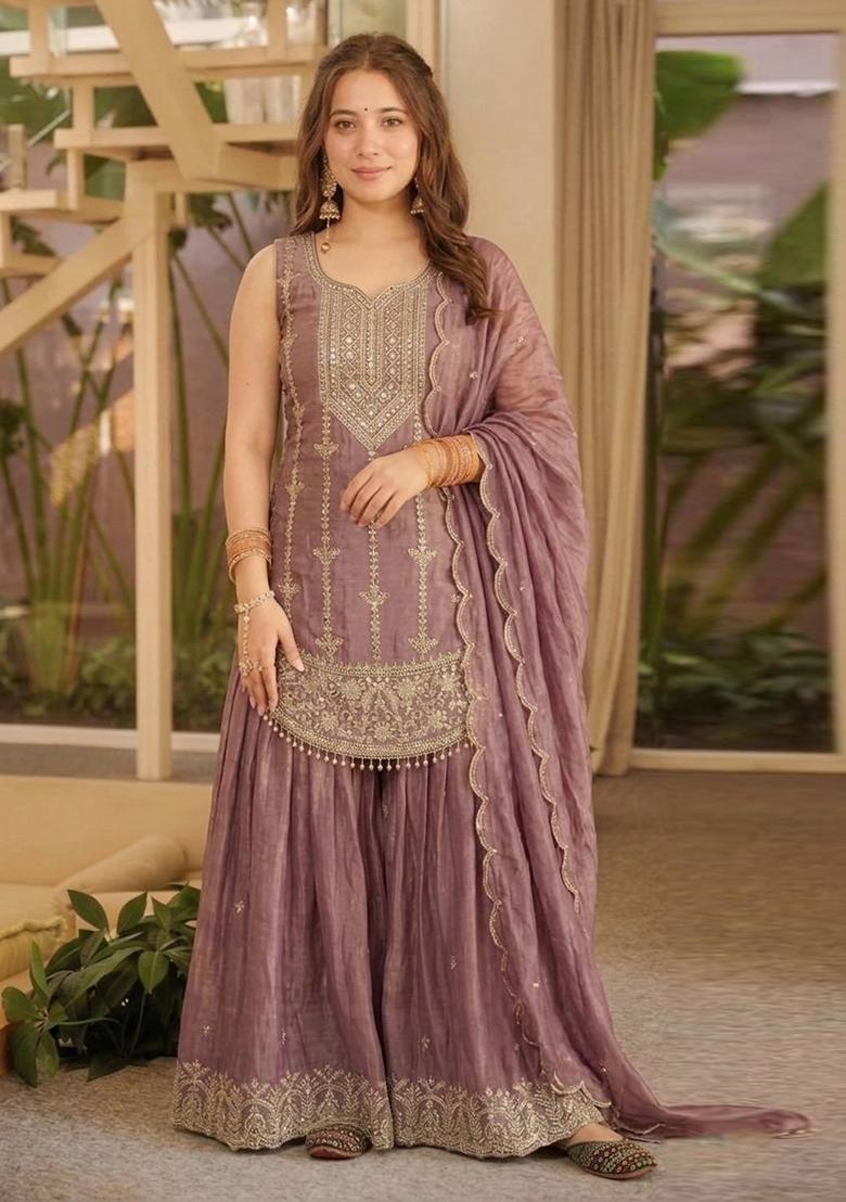 Dusty Purple Sequin Work Silk Palazzo Set - Indya
