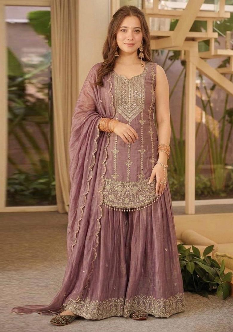 Dusty Purple Sequin Work Silk Palazzo Set - Indya