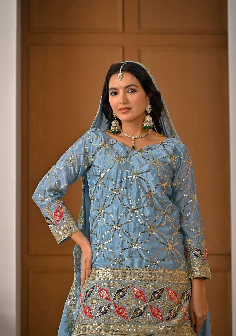 Sky Blue Sequin Work Silk Palazzo Set - Indya