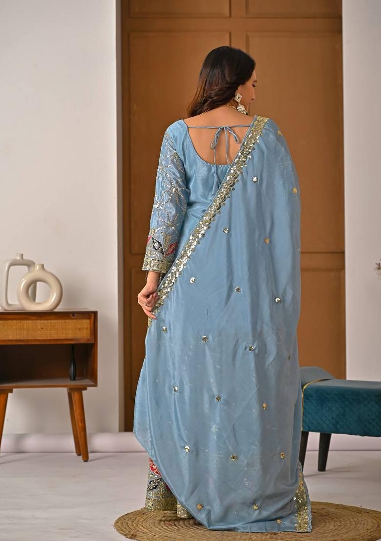 Sky Blue Sequin Work Silk Palazzo Set - Indya
