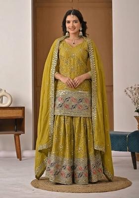 Mustard Yellow Sequin Work Silk Palazzo Set