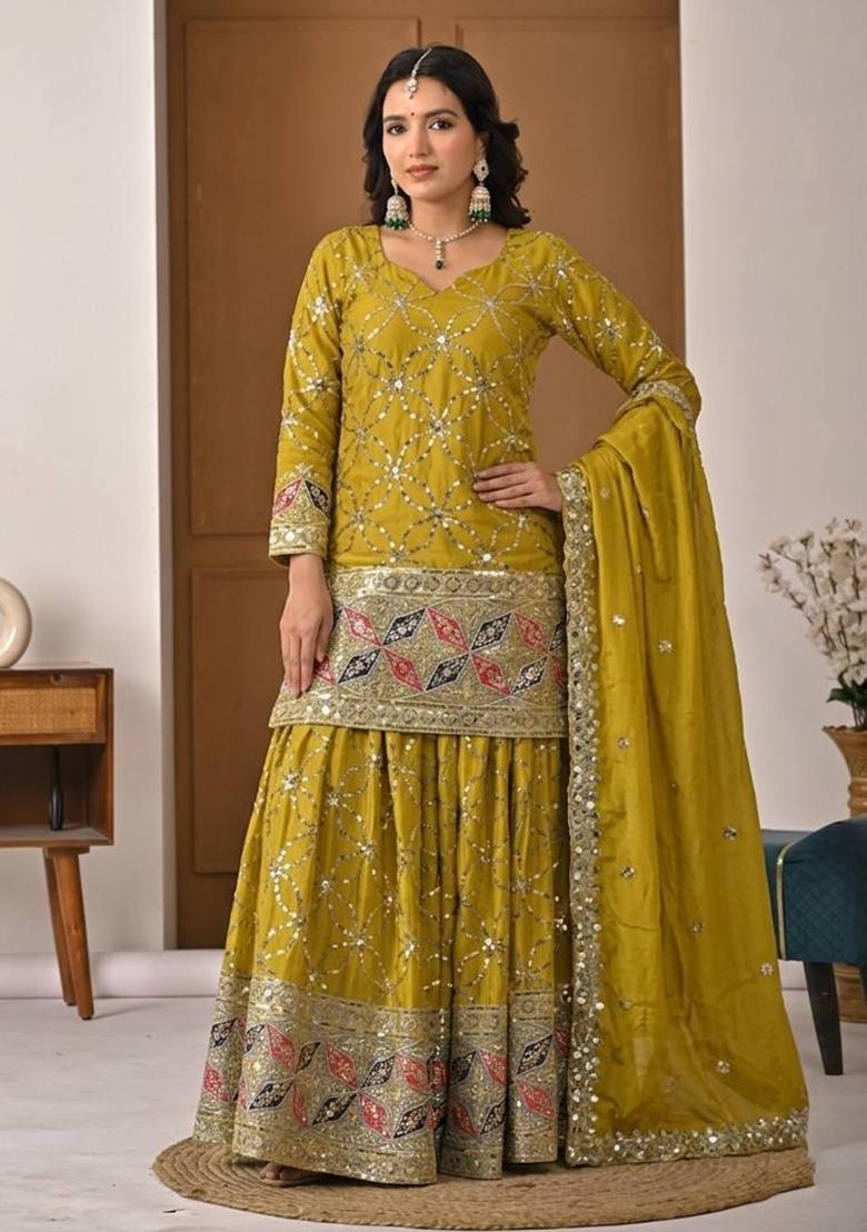 Mustard Yellow Sequin Work Silk Palazzo Set - Indya