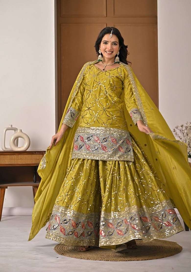 Mustard Yellow Sequin Work Silk Palazzo Set - Indya
