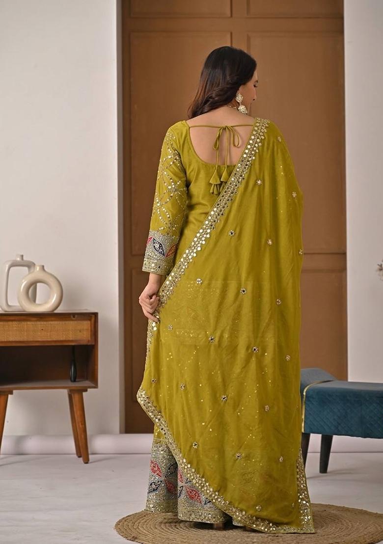 Mustard Yellow Sequin Work Silk Palazzo Set - Indya