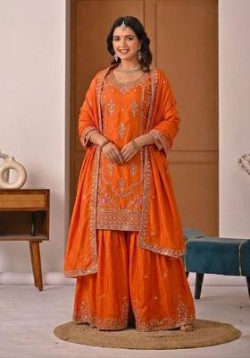 Orange Embroidered Crepe Palazzo Set