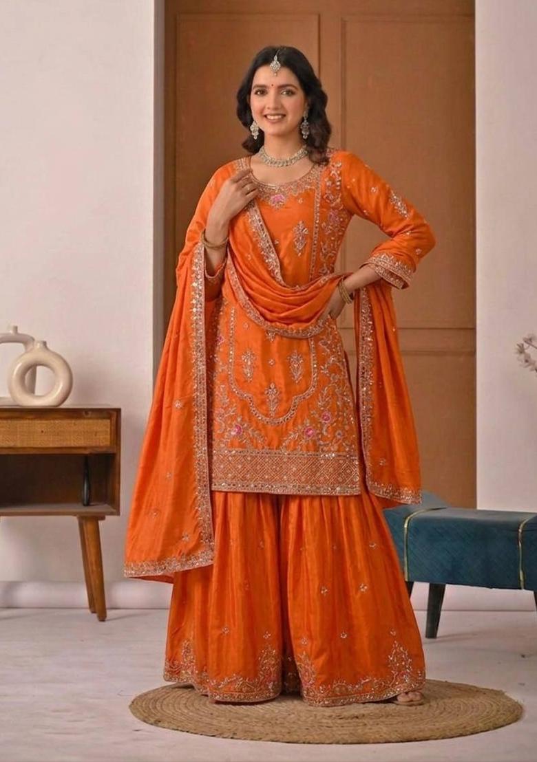 Orange Embroidered Crepe Palazzo Set - Indya