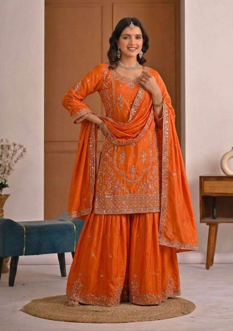 Orange Embroidered Crepe Palazzo Set - Indya